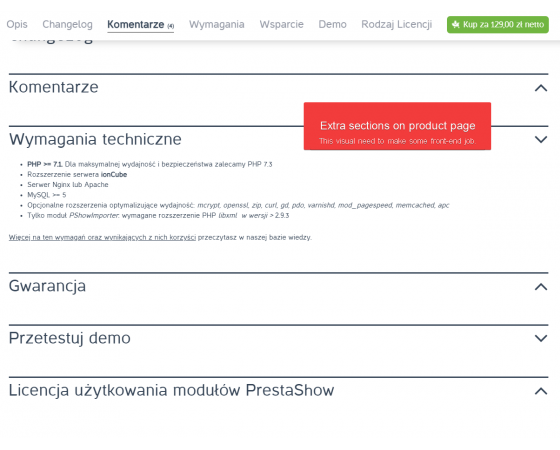 PrestaShop - dodatkowe zakładki i sekcje na stronie produktu