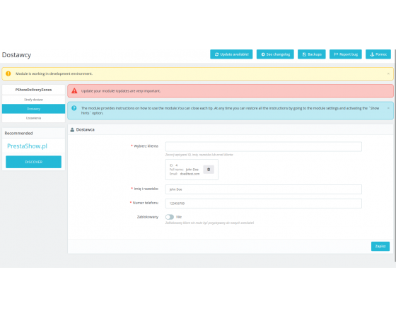 Strefy własnej dostawy - aplikacja dostawcy w PrestaShop
