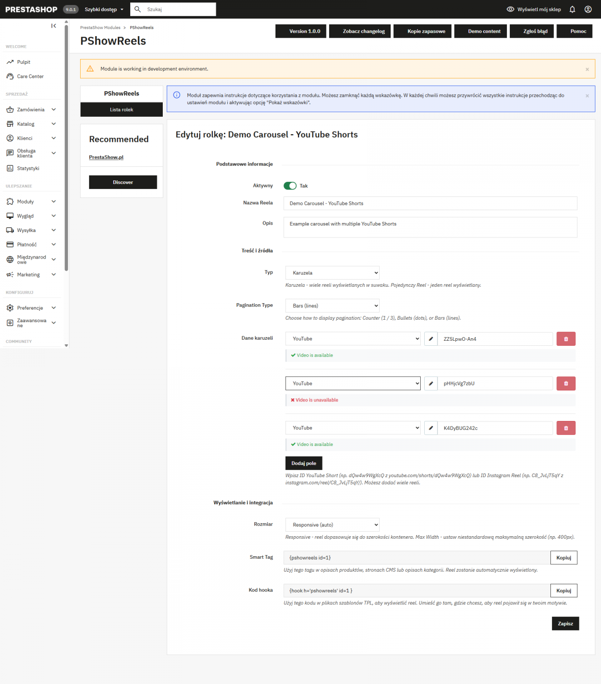 prestashop embeed reels youtube shorts stories