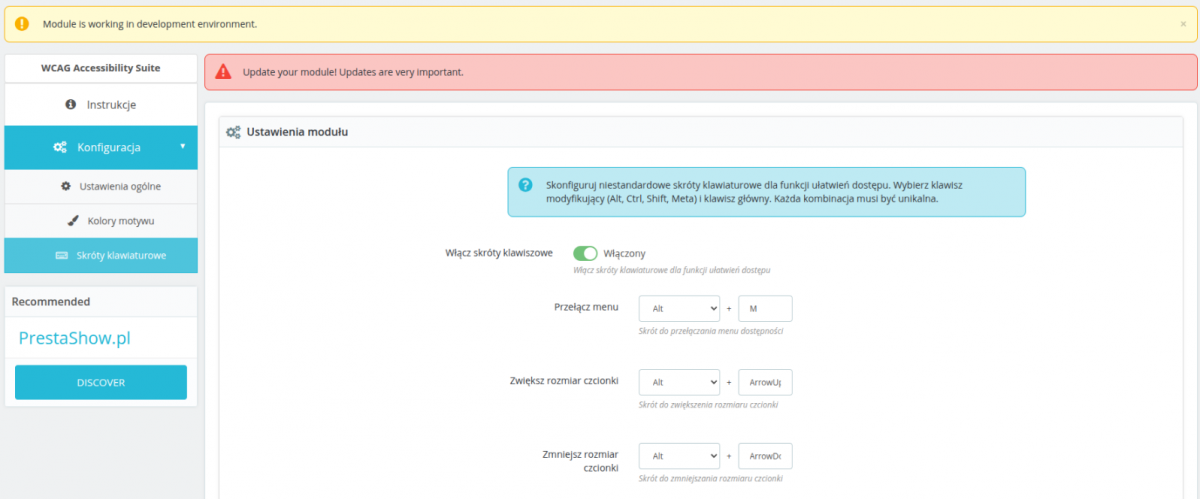 PrestaShop WCAG keyboard shortcuts