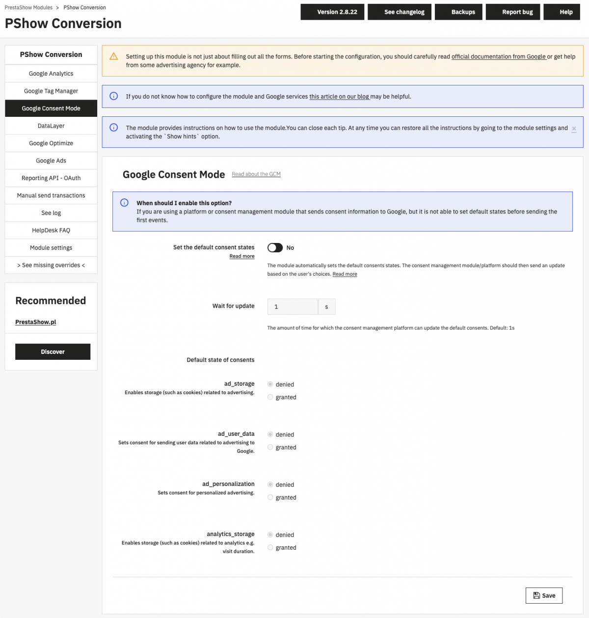 PrestaShop Google Consent Mode V2
