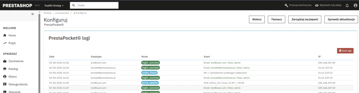 PrestaShop Mobile App - activity logs