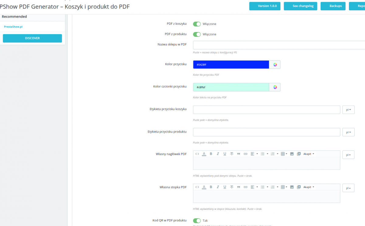 Konfiguracja przycisku PDF &ndash; kolor i etykiety